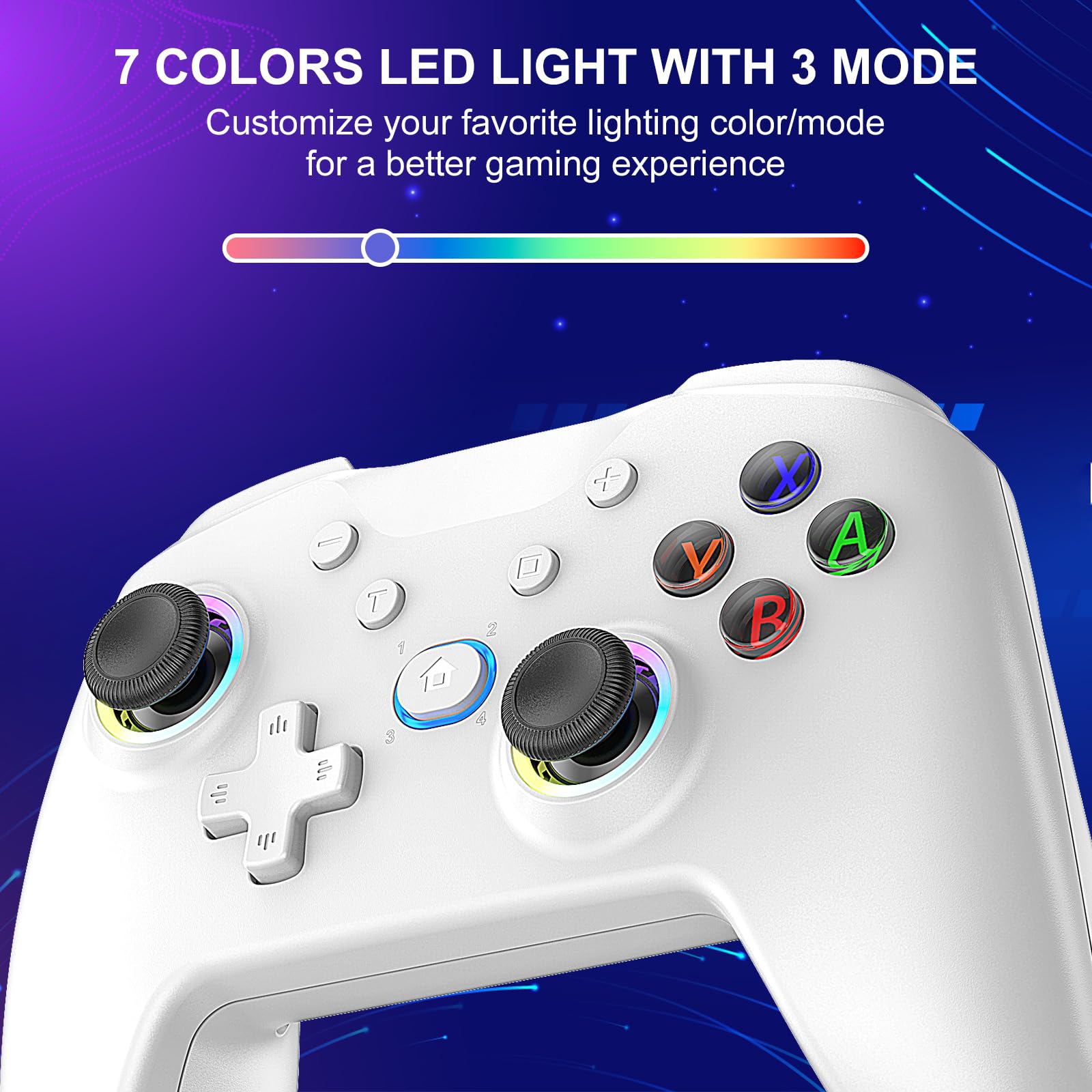 Diswoe Manette pour Switch/Switch Lite/OLED/PC, Pro Controller pour Switch, Manette pour Switch sans fil avec 7 couleurs LED RVB Fonction réveil Turbo, Gyro Axis, réglable, vibration, capture d'écran