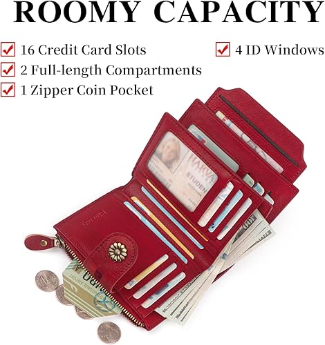 Miniatura 3 de Cartera de cuero con doble pliegue para mujer, bloqueo RFID, tarjetero compacto, cartera pequeña con ventana para identificación extraíble, A6-rojo,