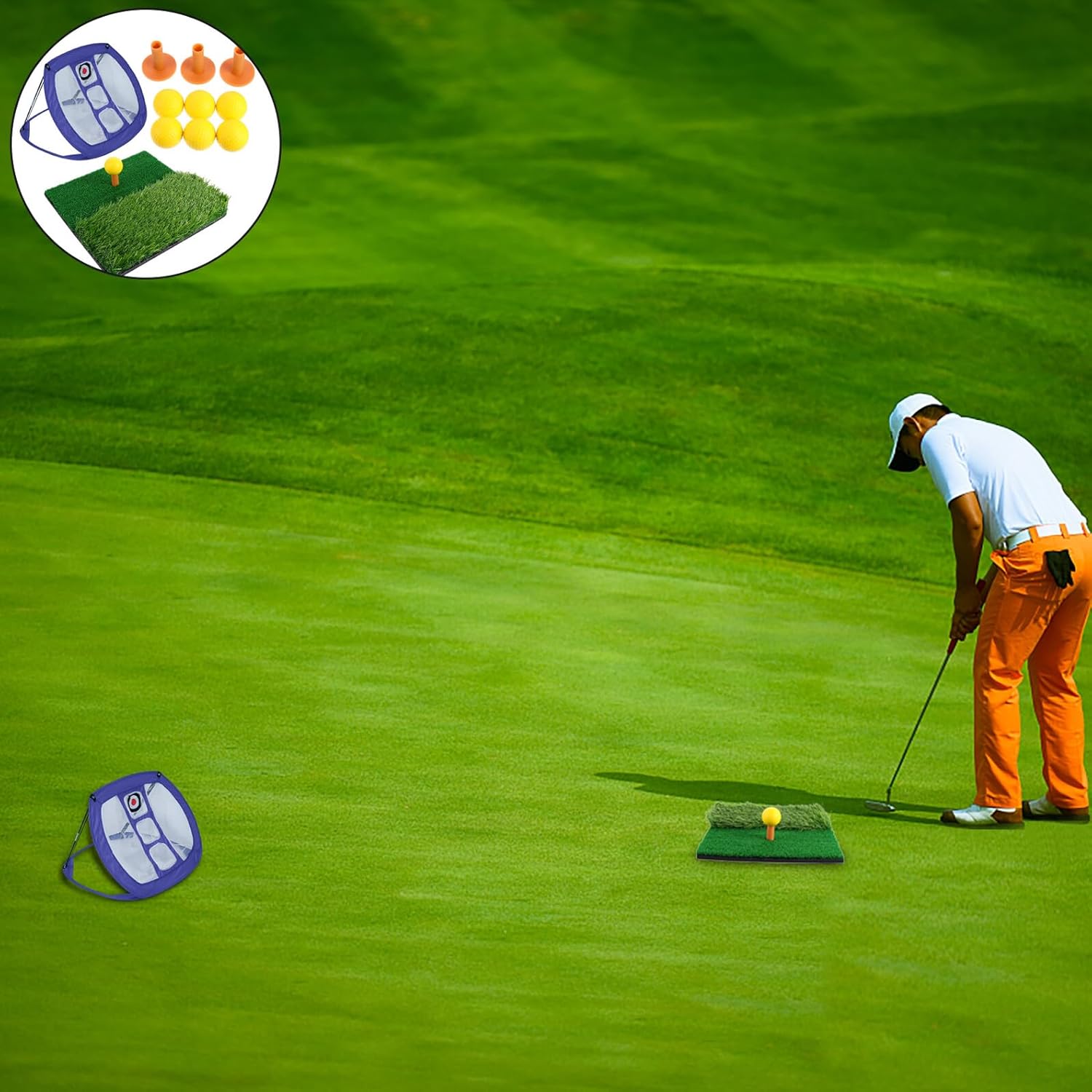 Golf Practice Net and 30x30cm Hitting Mat Set with Nylon Net, 3 Durable Tees, 6 Yellow Pu Balls for Indoor and Outdoor Swing Training