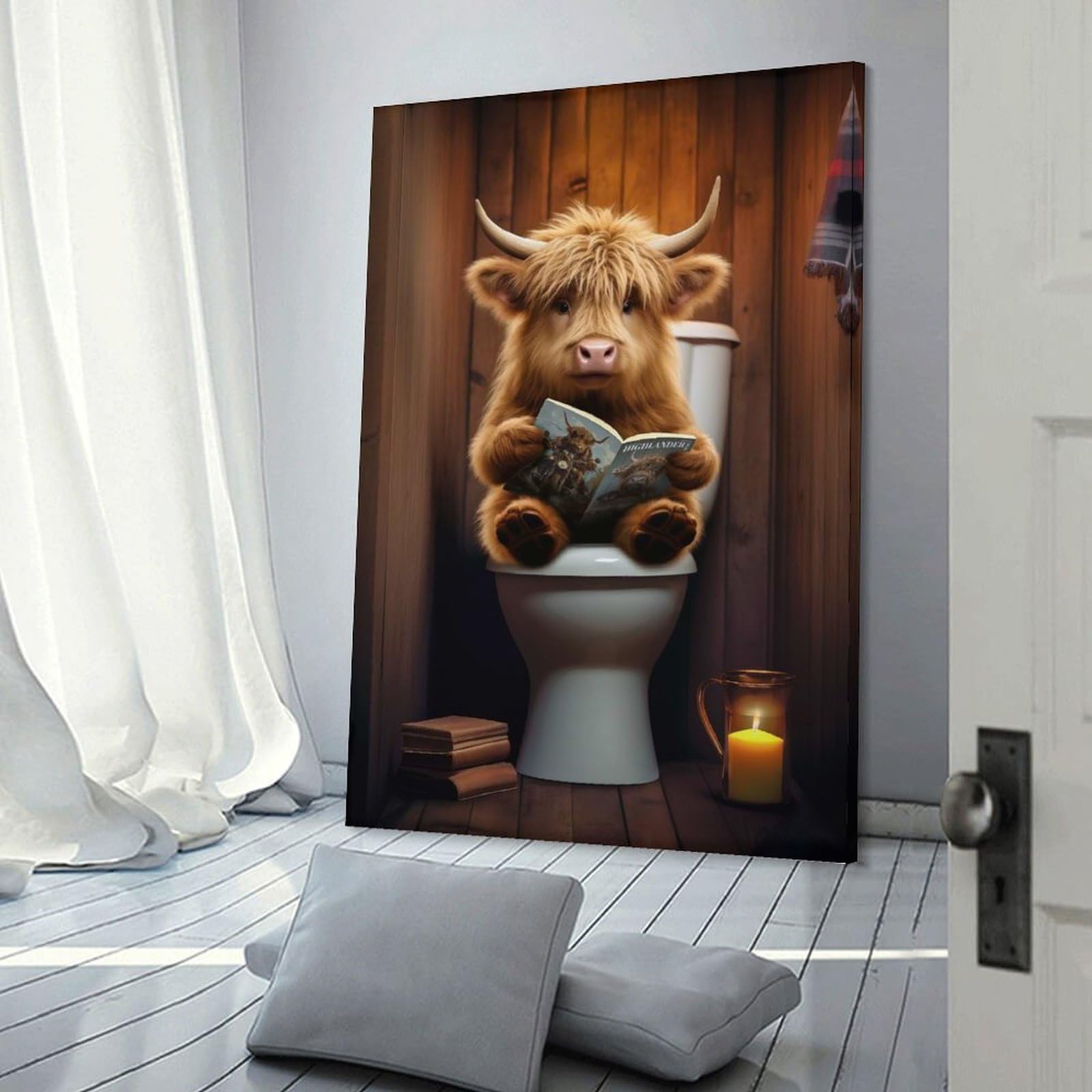 Junmoney Frame-Style-22 Baby Highland Cow Toilet Hanging Wall Art, 24X36inch(60X90cm), For Bedroom Decor, Cosy Corners Or Studios, An Easy Wall Refresh For Bedrooms