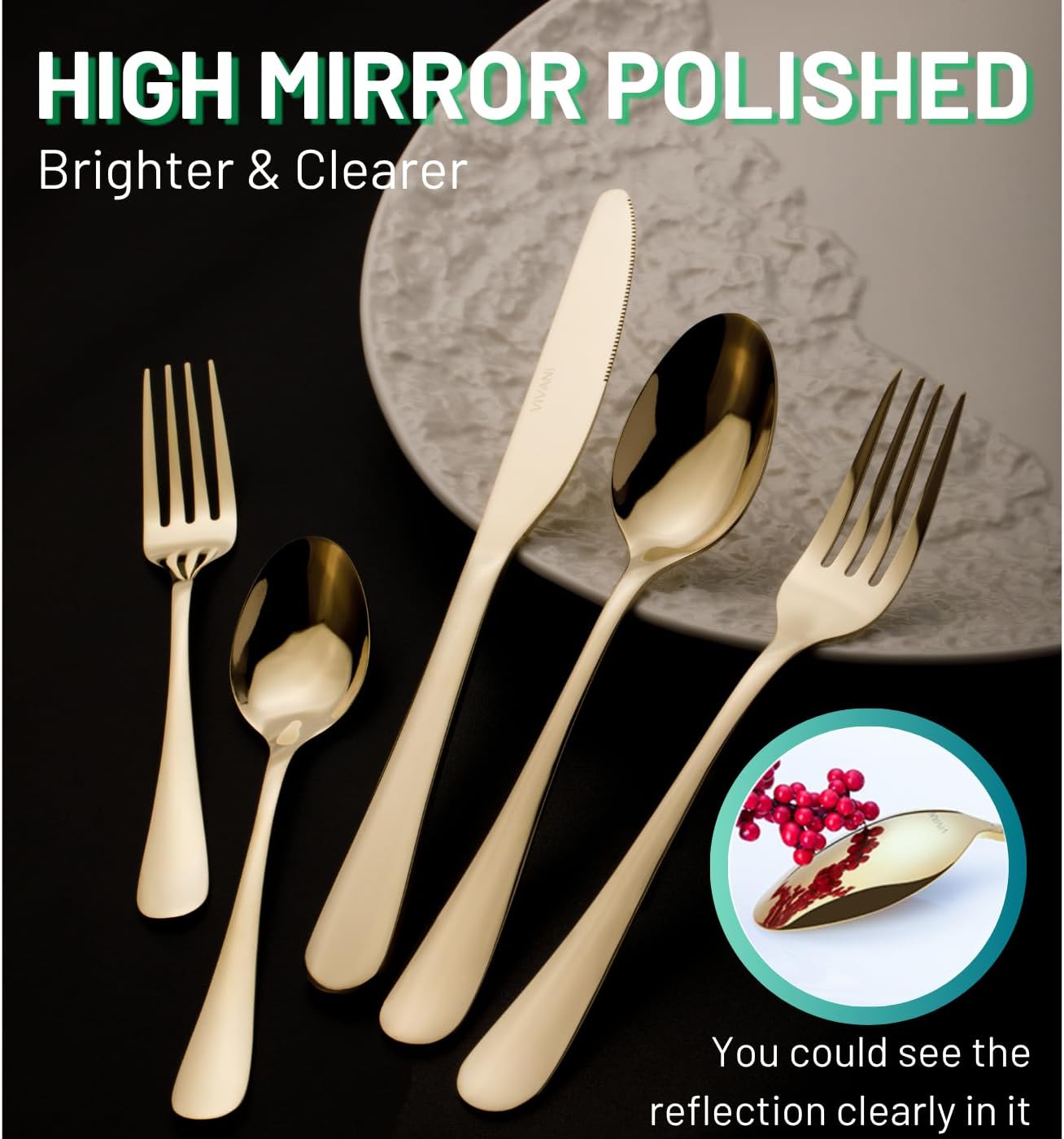 VIVANI 40 Piece Champagne Gold Silverware Set for 8, 18/0 Stainless Steel Flatware Set with Advanced PVD Coating, Dishwasher Safe Cutlery Set for Everyday Home Kitchen and Apartment