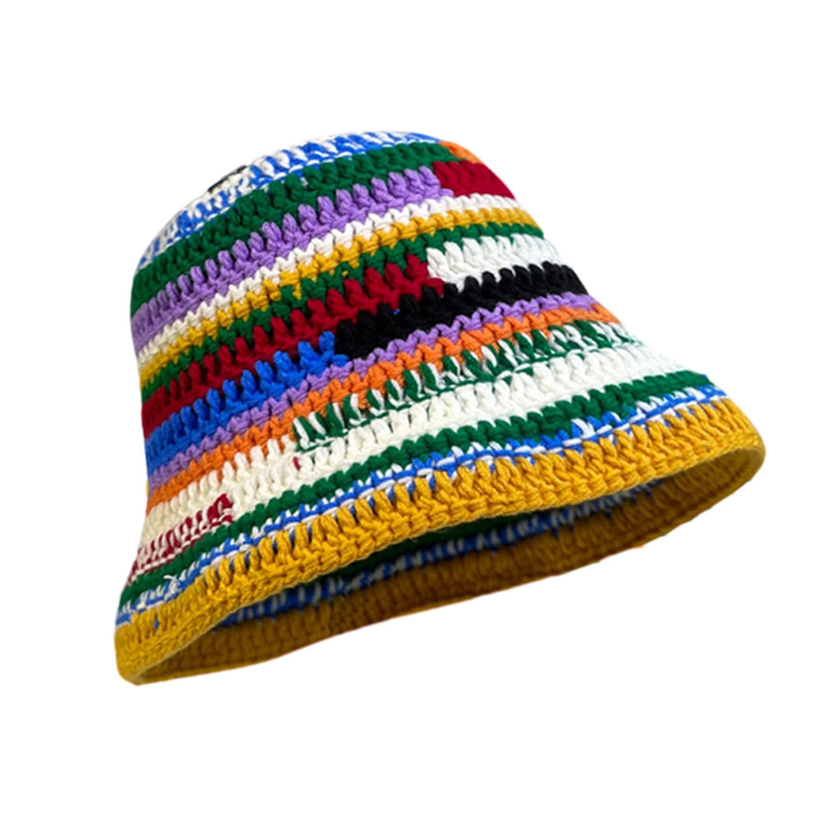 KUFptvaColorful Bucket Hat for Women Men Knitted Hat Weaving Stripe Pattern Floppy Bucket Hat Winter Fisherman Cap