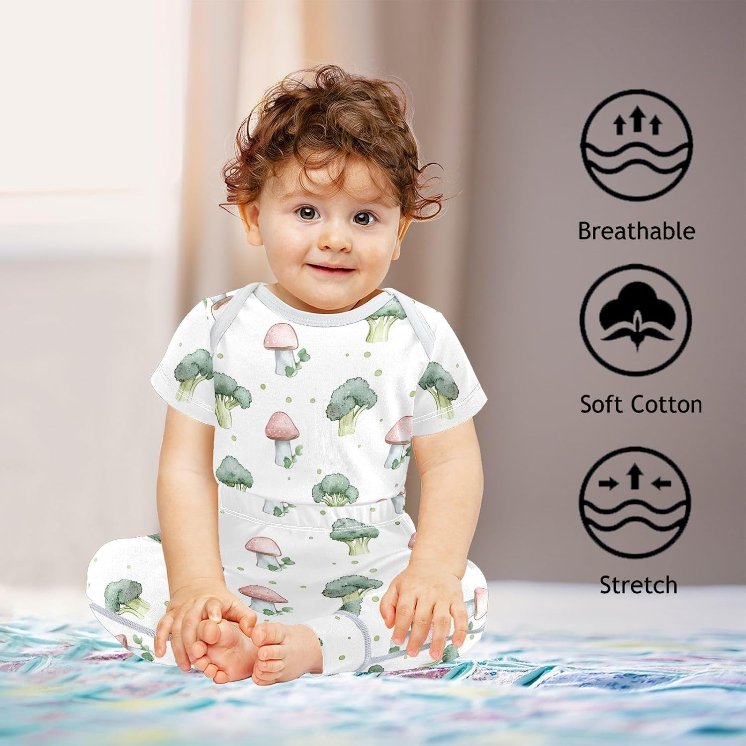 vvfelixl Baby Clothes Broccoli Mushroom Baby Bodysuits Set Unisex Short Sleeve Babys Pants Sets 0-3M