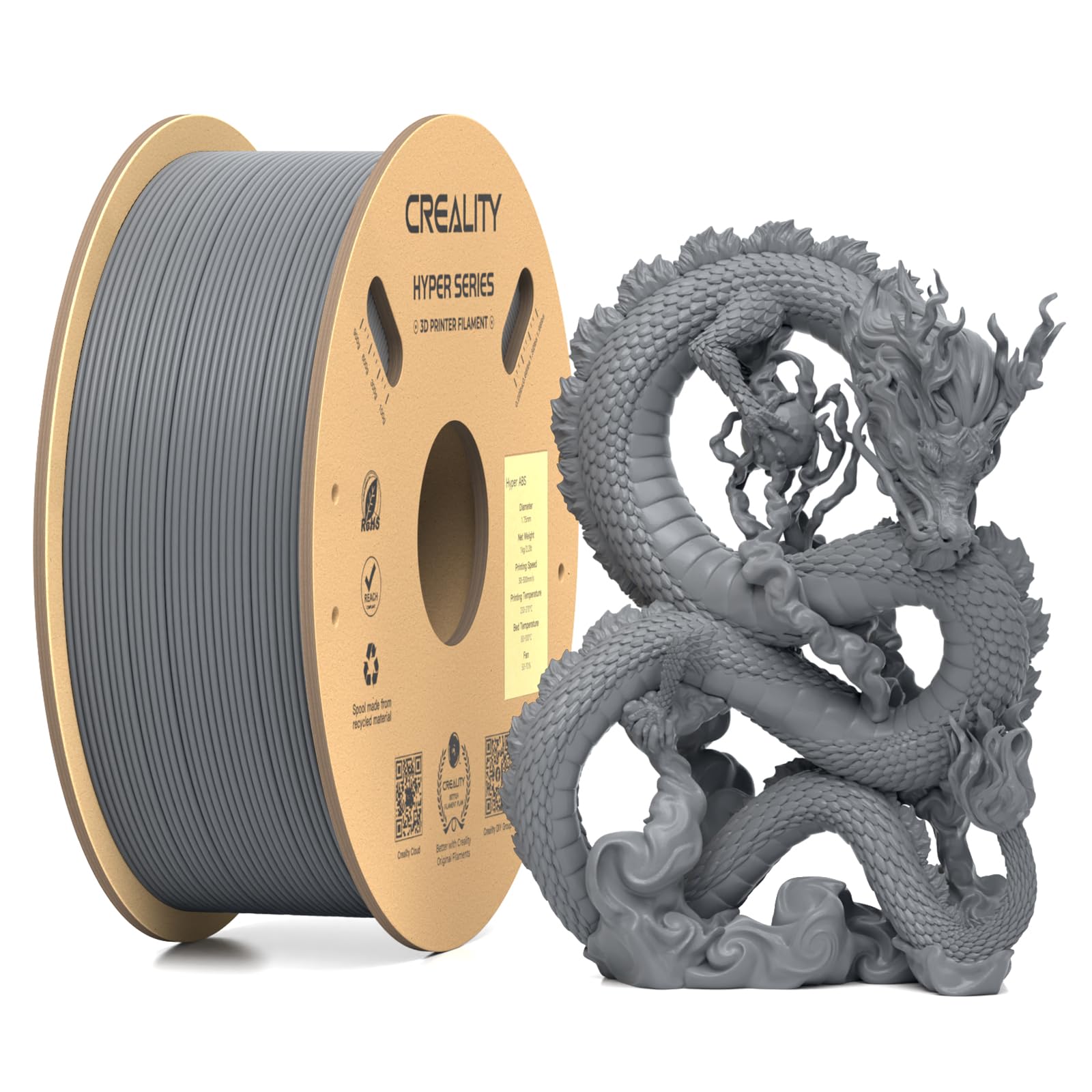 Creality Hyper ABS Filament 1.75mm, High Speed ABS 30-350mm/s 3D Printer Filament ABS, High Impact Resistance, Dimensional Accuracy +/-0.02mm, 1KG(2.2lbs) Spool Grey, Fit Most FDM 3D Printers