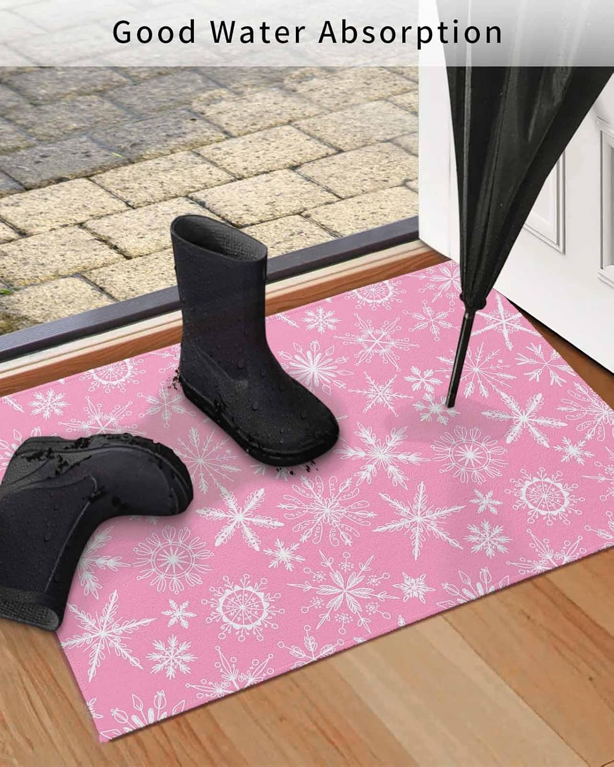 Indoor Door Mat Washable Mat 24x36 Inch - Outdoor Non-Slip Mat Absorbent Resist Dirt Doormats Christmas Snowflakes Texture Pink Floor Mat for Entryway Patio Bathroom