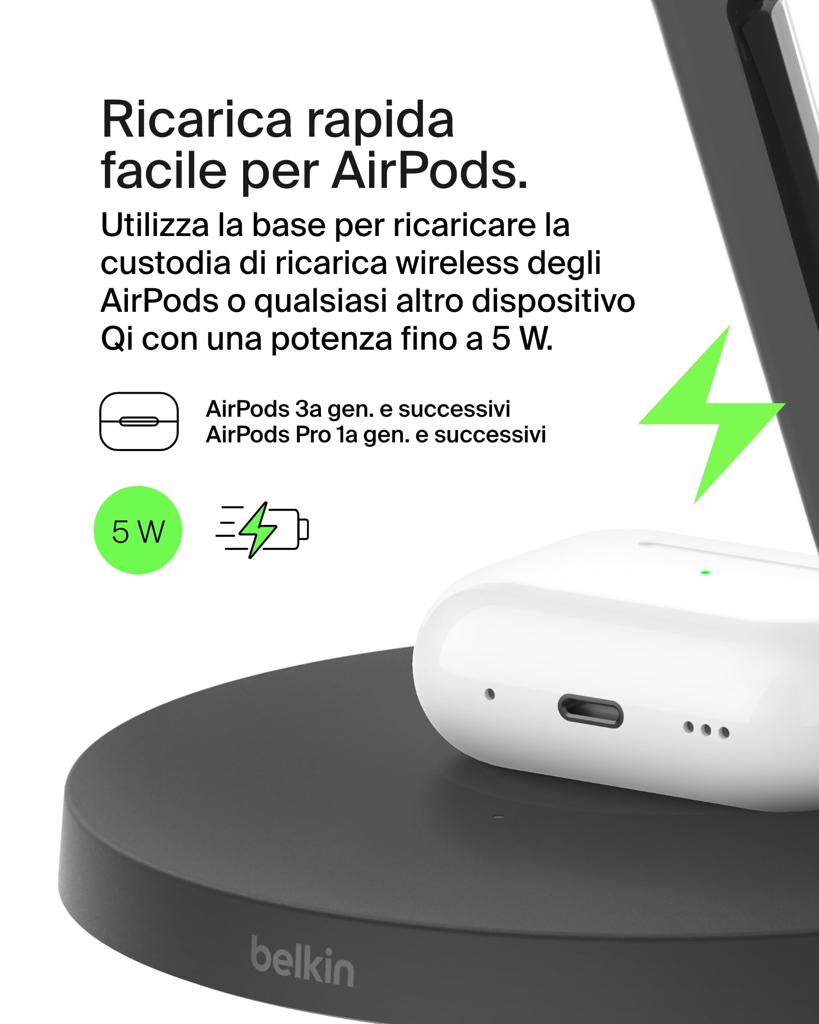 Belkin BoostCharge Caricatore 3 in 1 con Qi2, base di ricarica wireless compatibile con MagSafe, caricatore iPhone 17, Air, Pixelsnap, Apple Watch e AirPods, alimentatore incluso - Nero