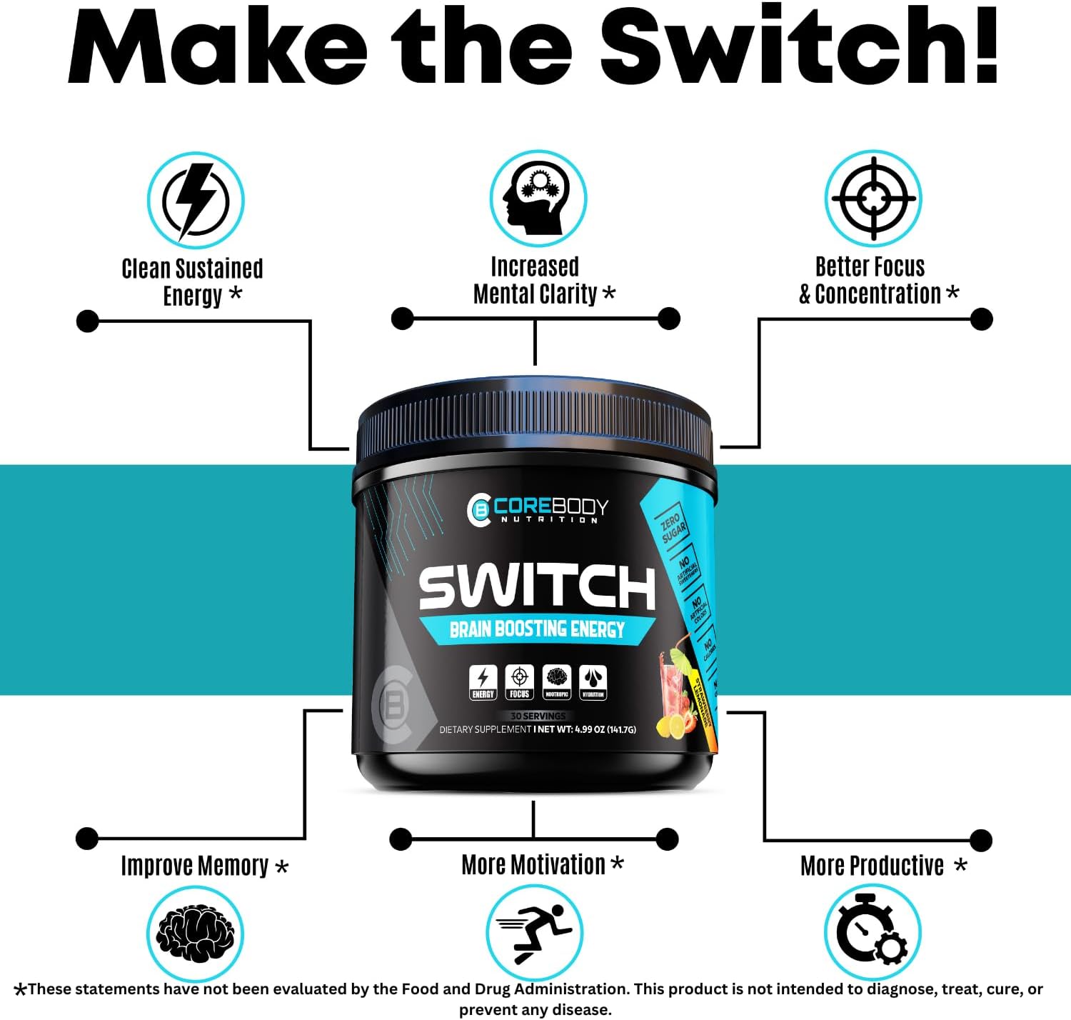 Switch, Brain Boosting Nootropic Energy Supplement Powder - Made in USA - Alpha GPC, NALT, Ashwagandha, Sugar Free Energy, Keto, Increase Mental Focus & Cognitive Function, Enhances Mood & Memory - Image 4