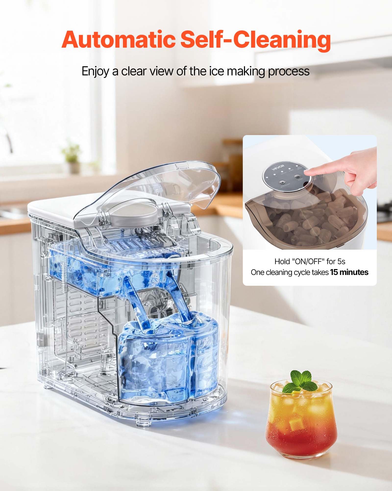 VEVOR Tisch-Eiswürfelmaschine, 7 Eiswürfel in 6 Minuten, 11,8 kg pro Tag, selbstreinigendes Gerät mit Eisschaufel, Eiswürfelmaschine mit 2 Größen von Kugeleis für Zuhause Küche, Büro Bar Party