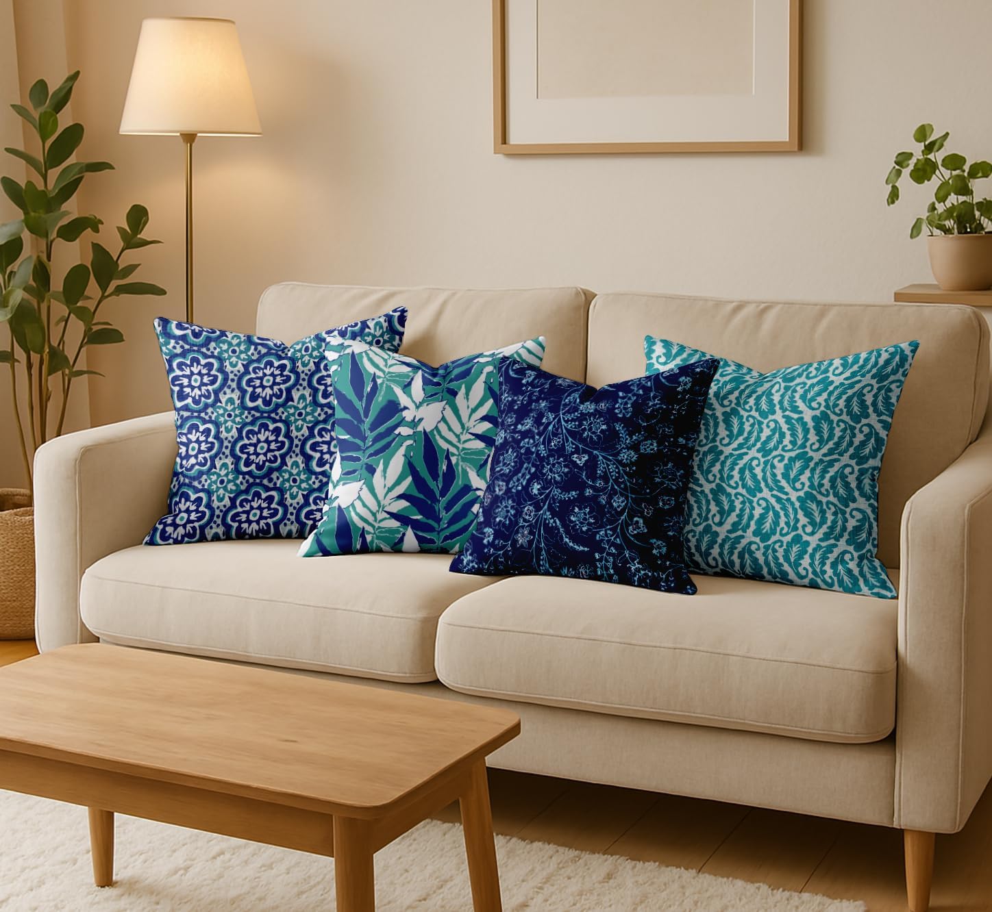 Leaves Design, Decorative Cushion Covers Set of 4-16x16 Inch, 100% Cotton, Printed on Both Sides, Hidden Zipper, Blue
