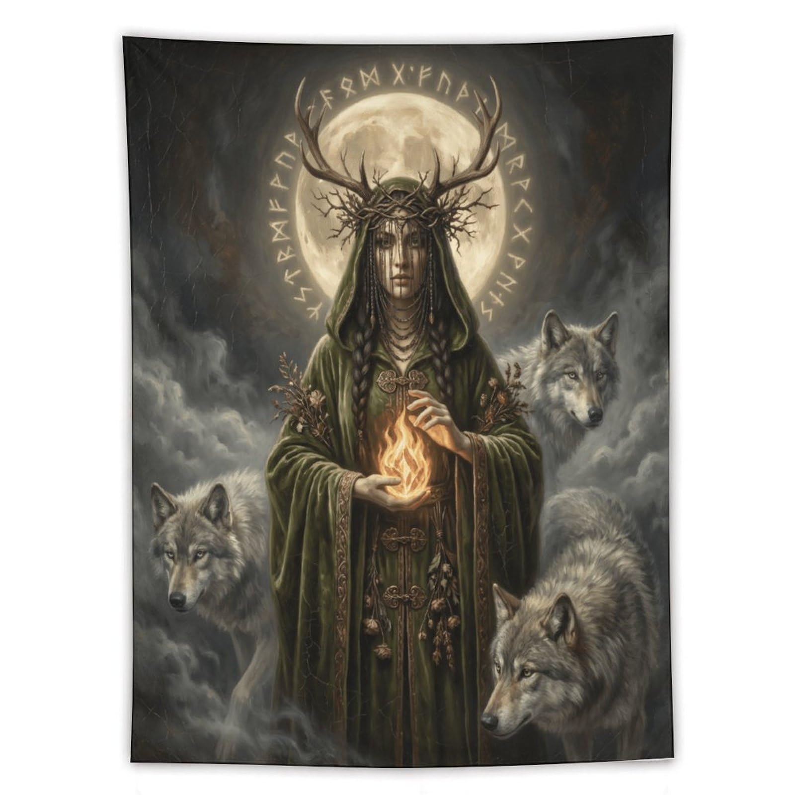 H3B8U2Y5 Wolf Goddess Green Robe Wall Tapestry, Celestial Animal
