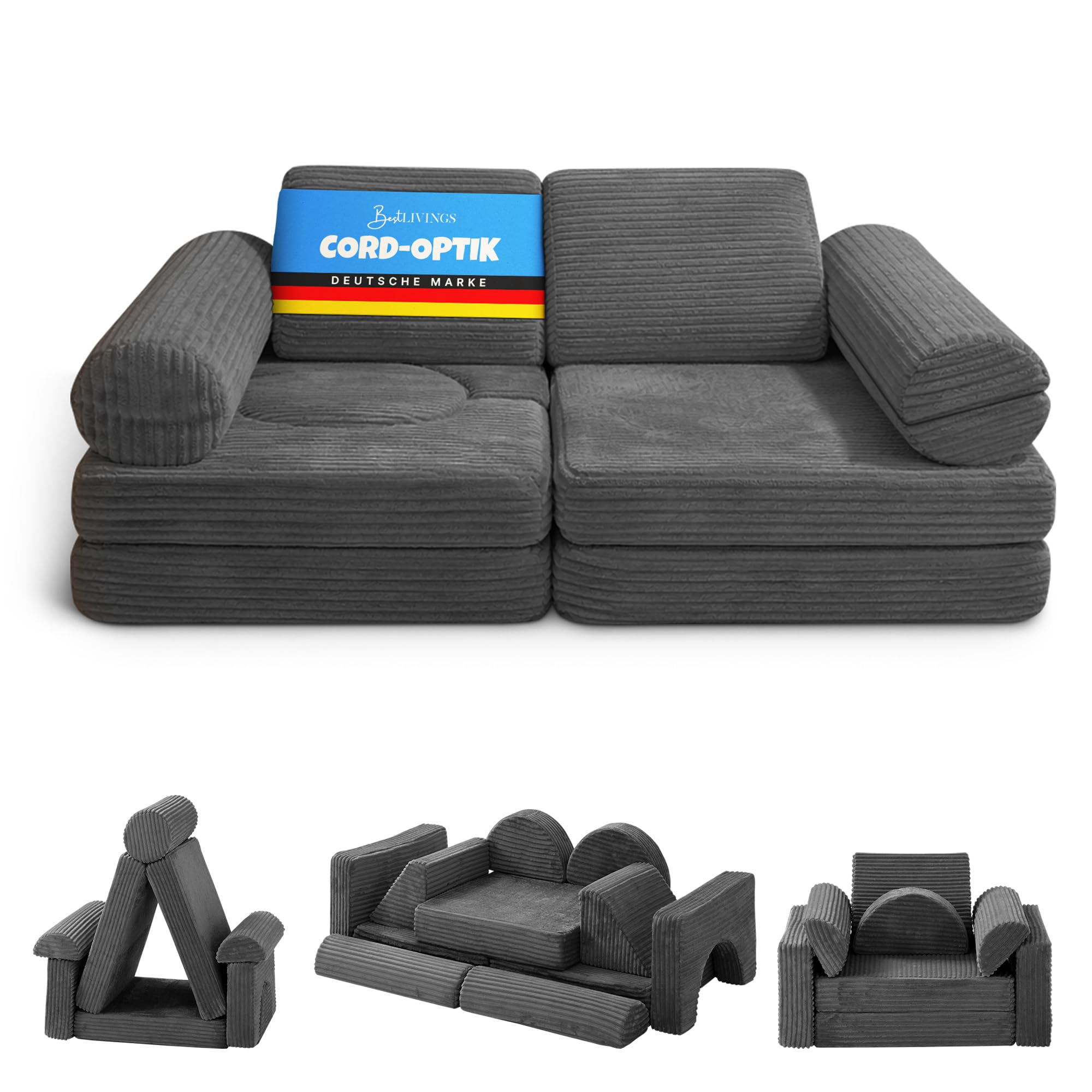 Bestlivings Sofá de juegos infantil de 11 piezas (antracita) de pana de franela, sofá de juegos modular para construir creativamente en la habitación de los niños, estable y ampliable