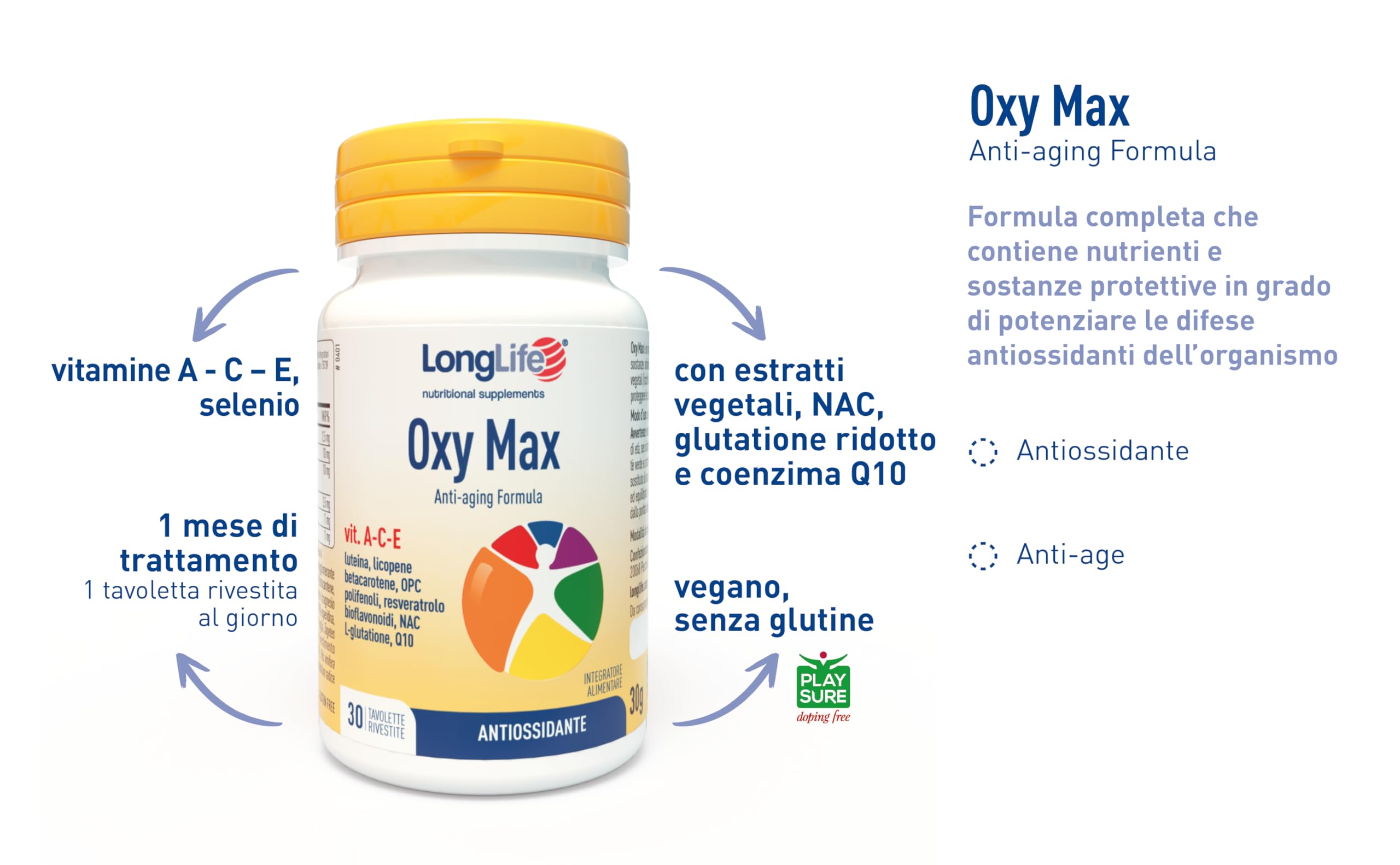 LongLife® Oxy Max | Selenio e vitamine A-C-E | Con luteina, licopene, betacarotene, OPC, resveratrolo, bioflavonoidi, NAC, L-glutatione e Q10 | Antiossidante | 30 tavolette | Vegano e senza glutine