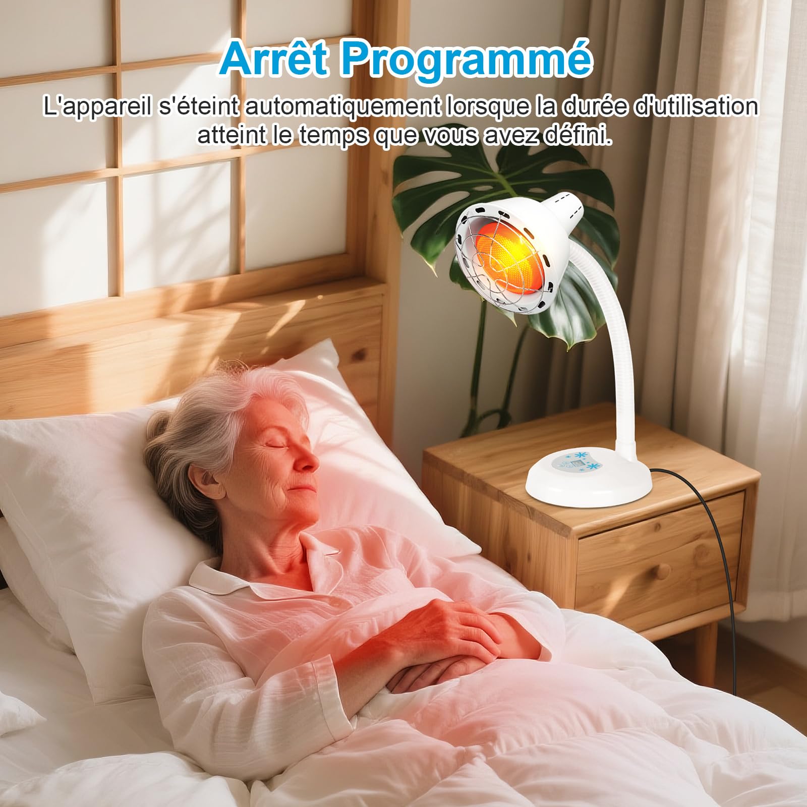 Lampe infrarouge 275W, 10 températures, minuterie | 40–100°C, 5–30 min, anti-brûlure, 360°, détente à domicile