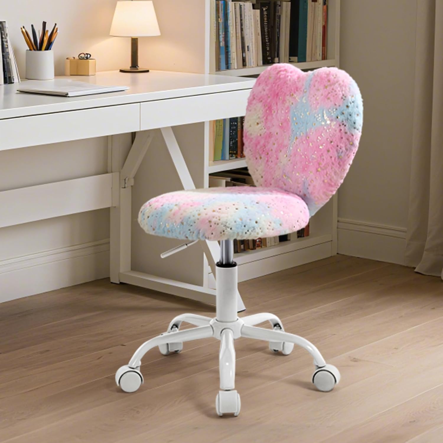 Kids Desk Chair with Adjustable Height,Butterfly Study Fluffly Chair with Comfortable Swivel Function for Reading,Vanity ＆ Playing (Pink)