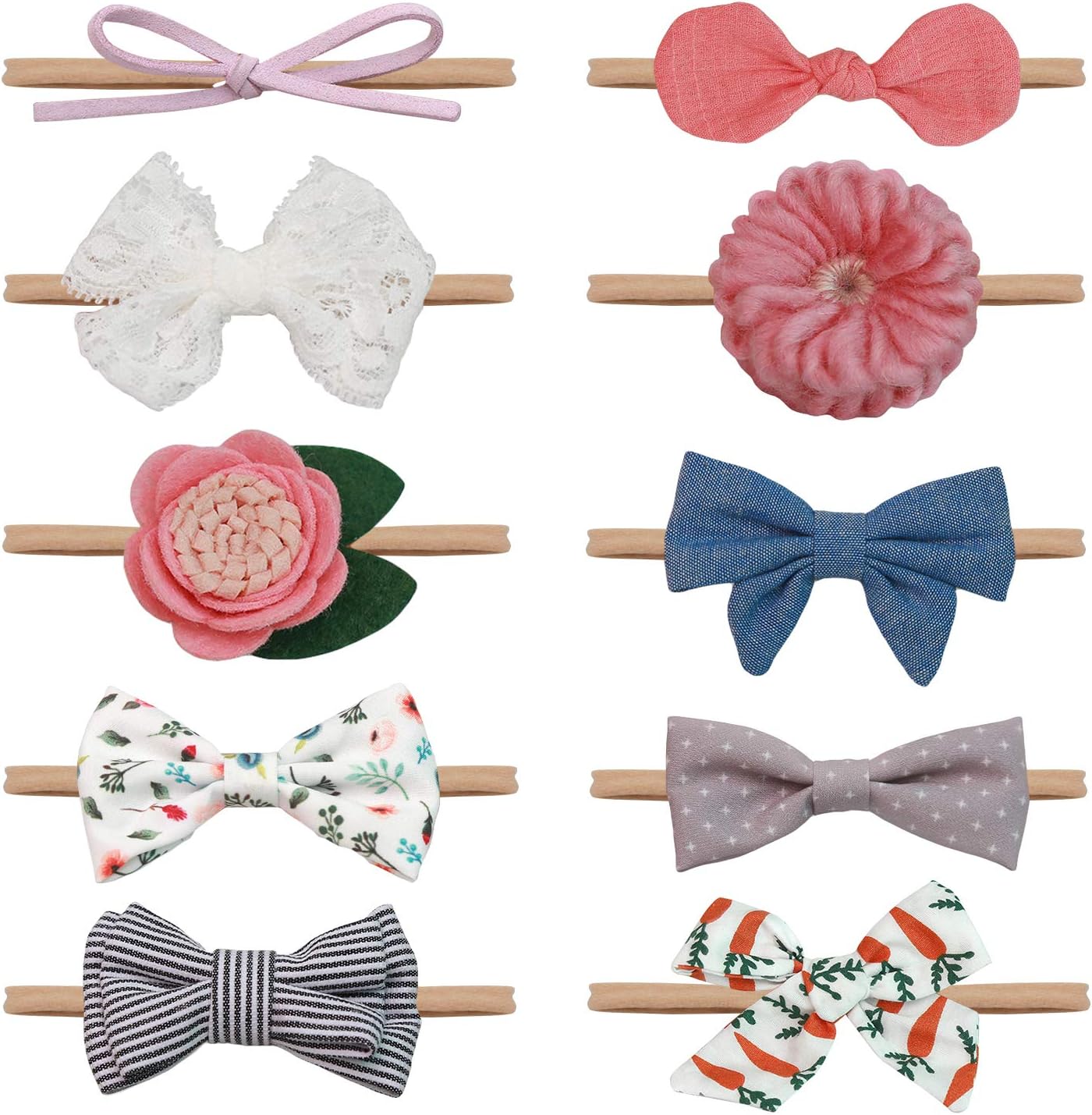 Salsie Baby Girl Headbands and Hair Bows For Newborn Infant Toddler Nylon Hairbands, Gift, 10 Pack Hair Accessories Gift Multi, Small
