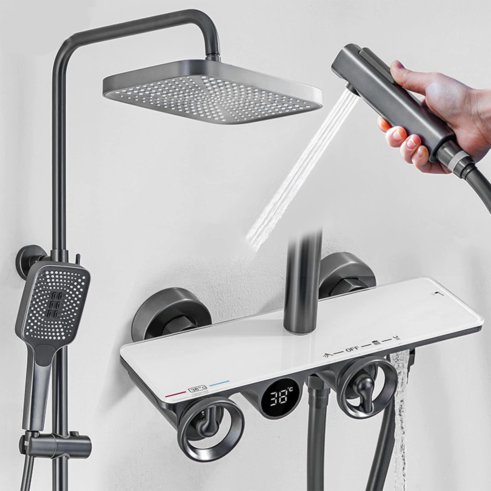 Set Rubinetto Doccia termostatico, 4 funzioni con Display Digitale, doccetta a 3 modalità, spruzzatore per Bidet, mensola per Vasca, Montaggio a Parete