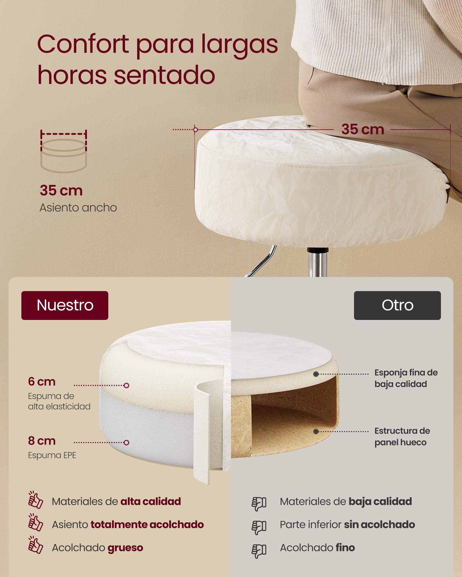 VASAGLE Sgabello da Trucco, Sedia per Toeletta, Regolabile in Altezza, Girevole a 360°, in PU, Seduta Spessa, per Camera da Letto Cucina Sala da Pranzo, Moderno, Bianco Crema LJB120W01