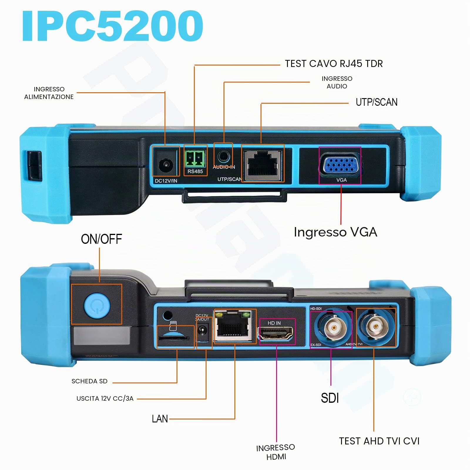 Tester CCTV, IPC-5200C Plus 5 pollici IPS Touch Screen IP CVBS Tester per telecamera analogica Monitor video 4K H.265 con ingresso HDMI/POE/WiFi/Tracciatore cavi/TVI CVI AHD/Firmware aggiornato