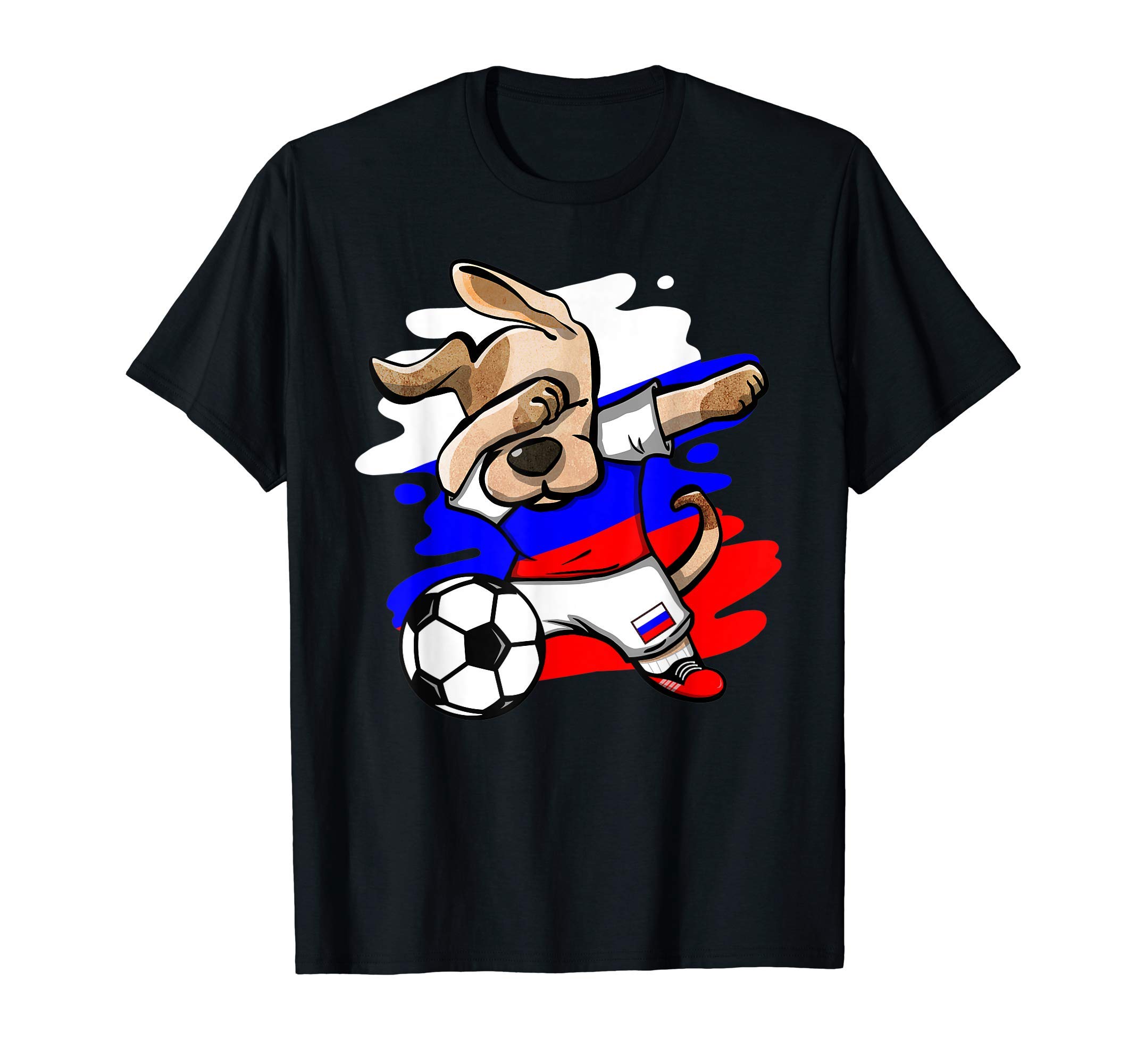 Teeisle Russia SoccerDabbing Dog Russia Soccer Fans Jersey Russian Flag Football T-Shirt