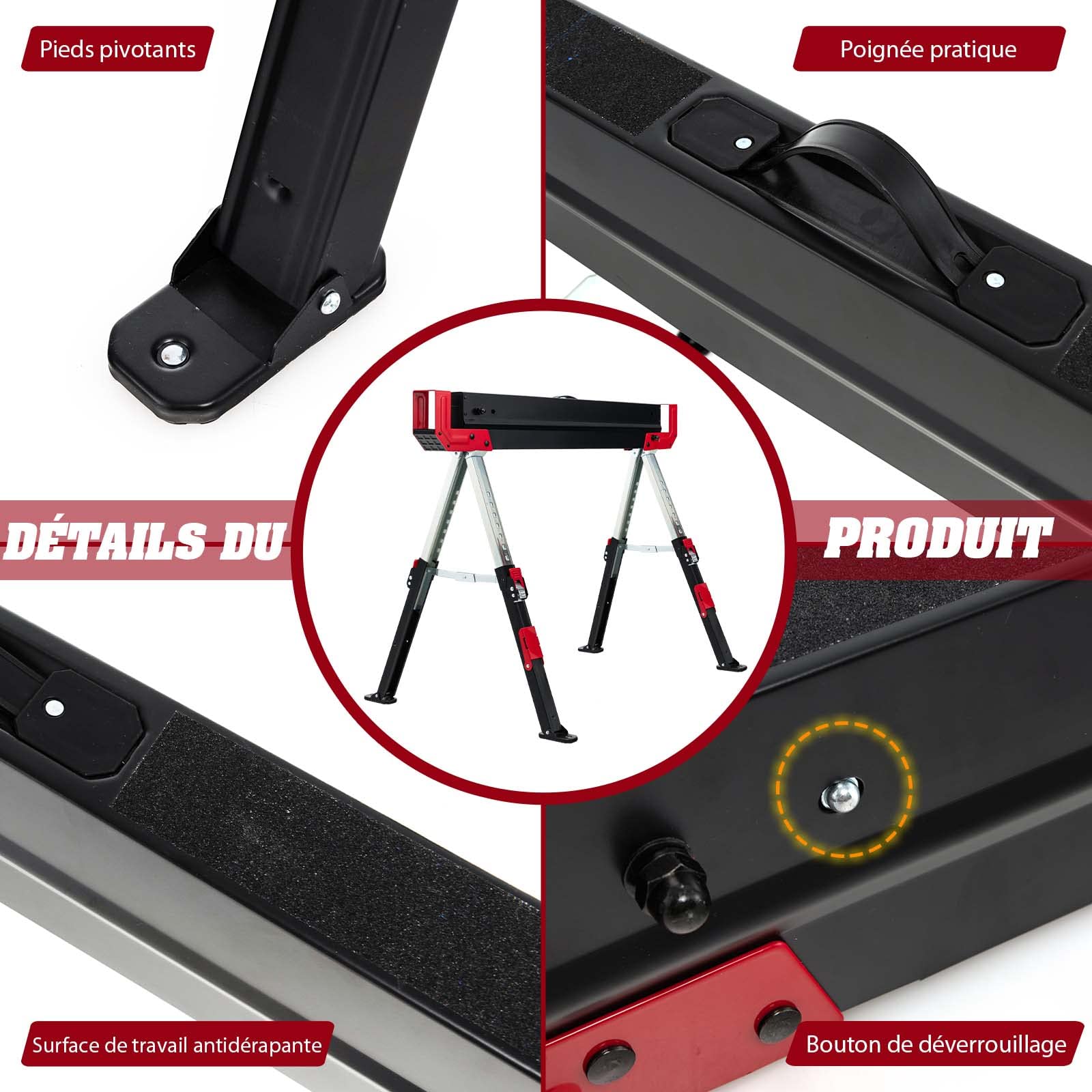 COSTWAY Lot de 2 Tréteaux Métalliques Robuste, avec Pieds Antidérapants Ajustables Reglable 61,5 à 82,7 cm, Grand Support Jusqu’à 1180kg Usage en Paire