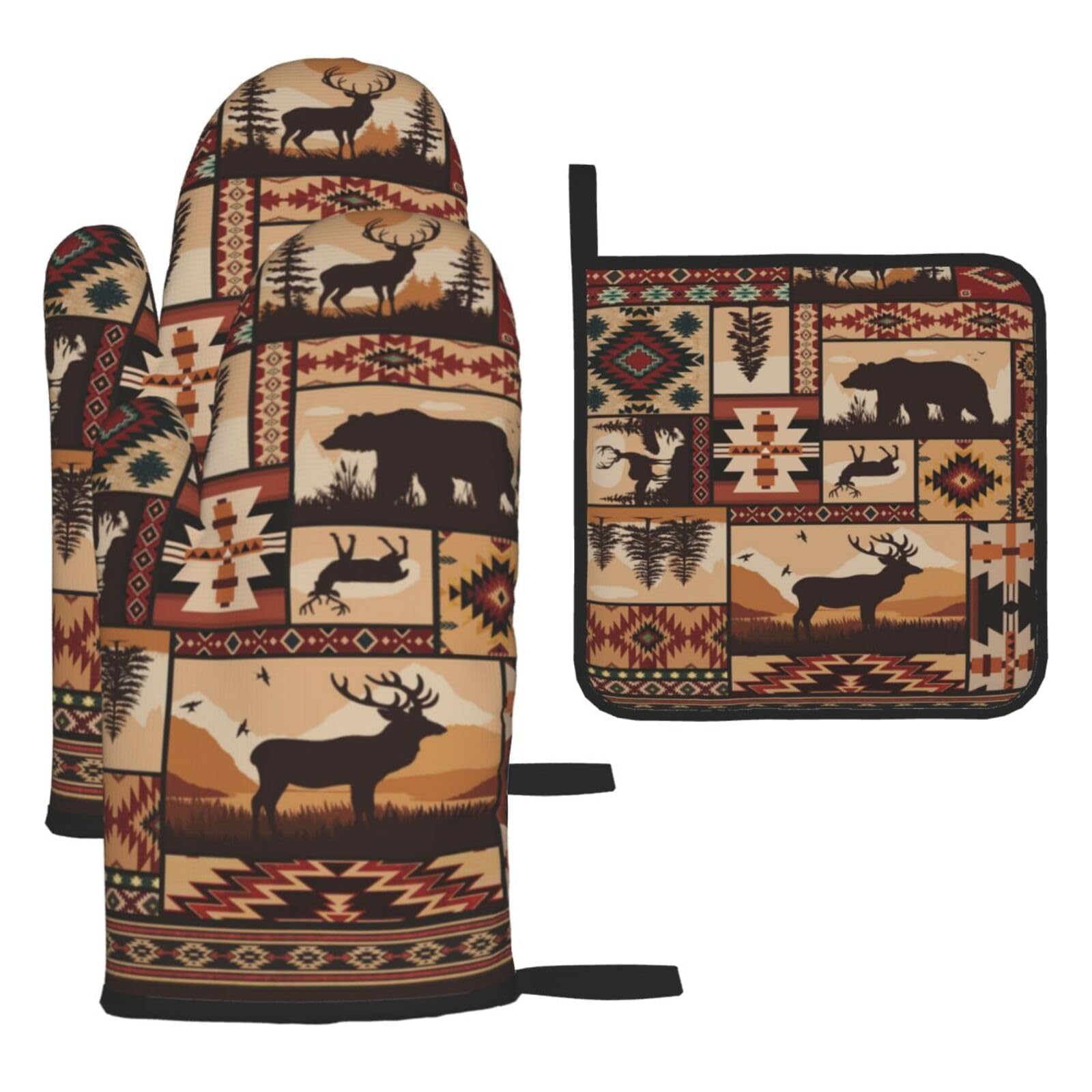 3 - Piece Brown Rustic Wildlife Oven Mitts & Pot Holders Sets, Cute Decorative Heat Resistant Kitchen Gloves and Hot Pad for Cooking Baking BBQ, Gifts for Outdoor Nature Lovers Baker Camper Stuff