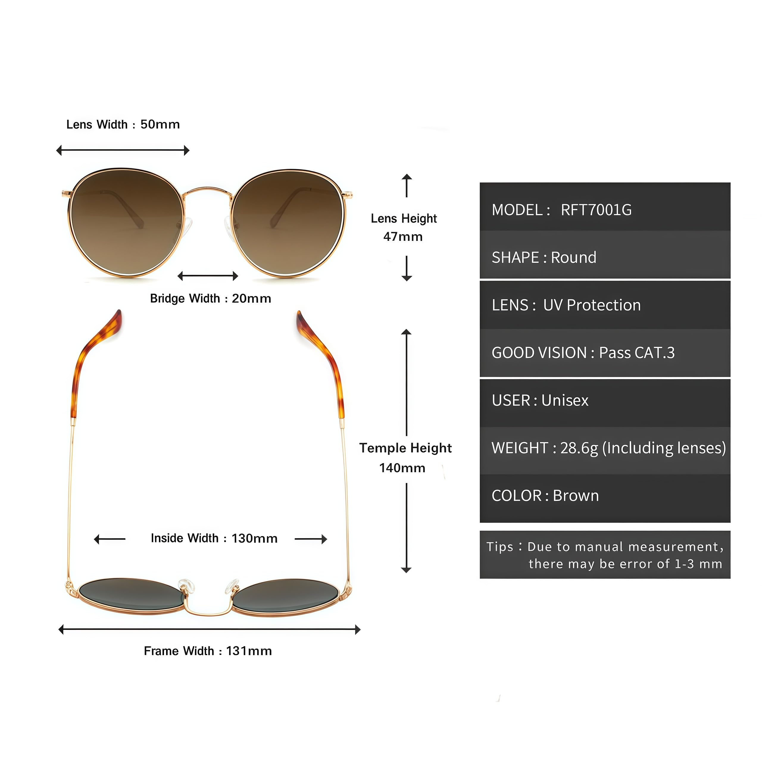 Gafas de sol de círculo de protección UV pequeñas Retro de metal redondo clásico Vidrio/lente polarizada