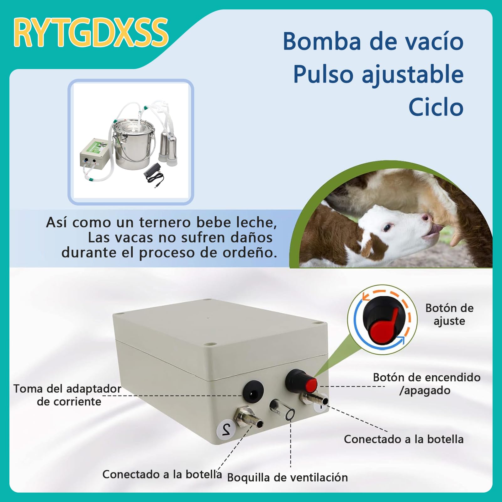Ordeñadora de vacas de 10L, Suministros De Ordeño Portátiles For Vacas, con Botella de Acero Inoxidable,Tapa Transparente de Acero Inoxidable,Recargable por Pulsación (10L/para Vaca)