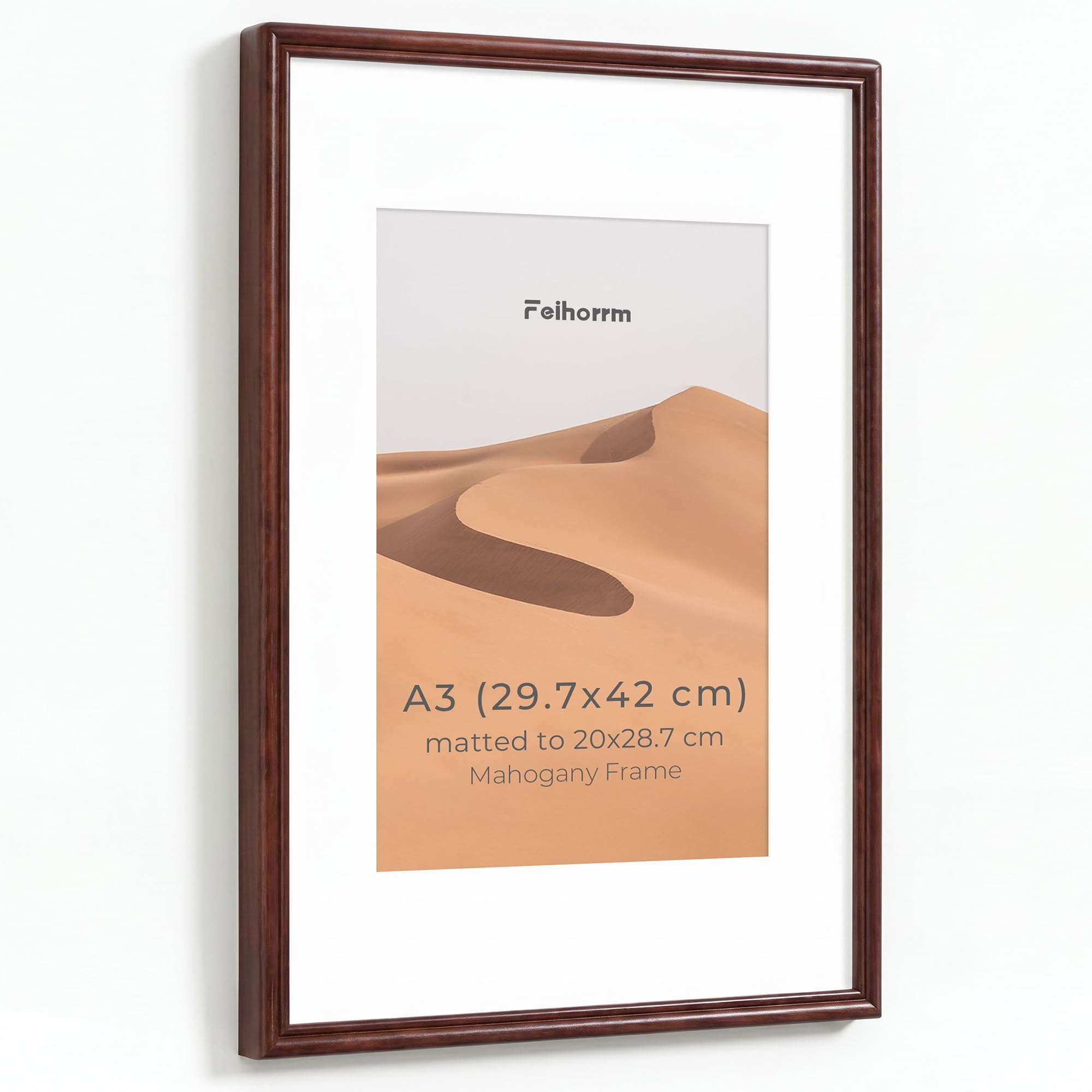 Feihorrm A3 Picture Frame, Natural Mahogany Solid Wood A3 Poster Frame, Fit A4(20x28.7cm) with Mat or A3(29.7x42cm) without Mat, Handcrafted Wooden Frames for Horizontal or Vertical Wall Display — image 1