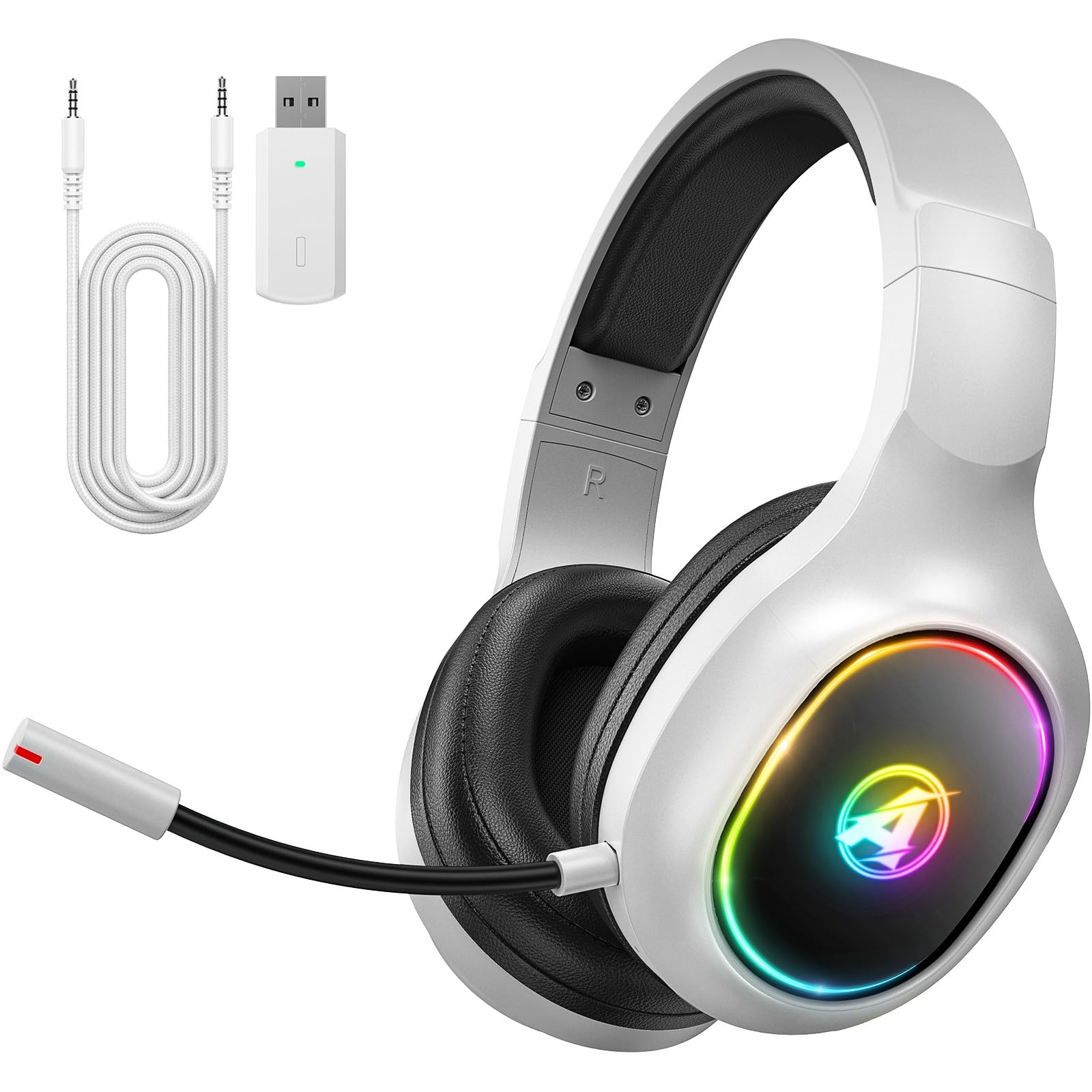Cascos Gaming Inalambricos para PS4, PS5, PC, Mac, Switch, Auriculares Gaming Inalambricos con Cancelación de Ruido y Luz RGB, 2,4 GHz, Sonido Estéreo 7.1, Blanco