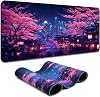 Simpkeely Fantasy Night City Gaming Mouse Pad, Blacklight Japanese Residential Buildings Landscape Neon Large Waterproof UV Reactive Non-Slip Rubber Base Mousemat for Office Home - 80 x 30 cm