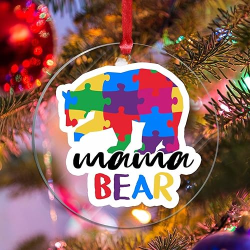 Miniatura 125 de Adorno de Navidad Mama Bear Novedad Acrílico Adornos de Navidad Mama Bear Autismo Rompecabezas Colorido Oso Navidad Colgante Ornamento Puzzle Piezas