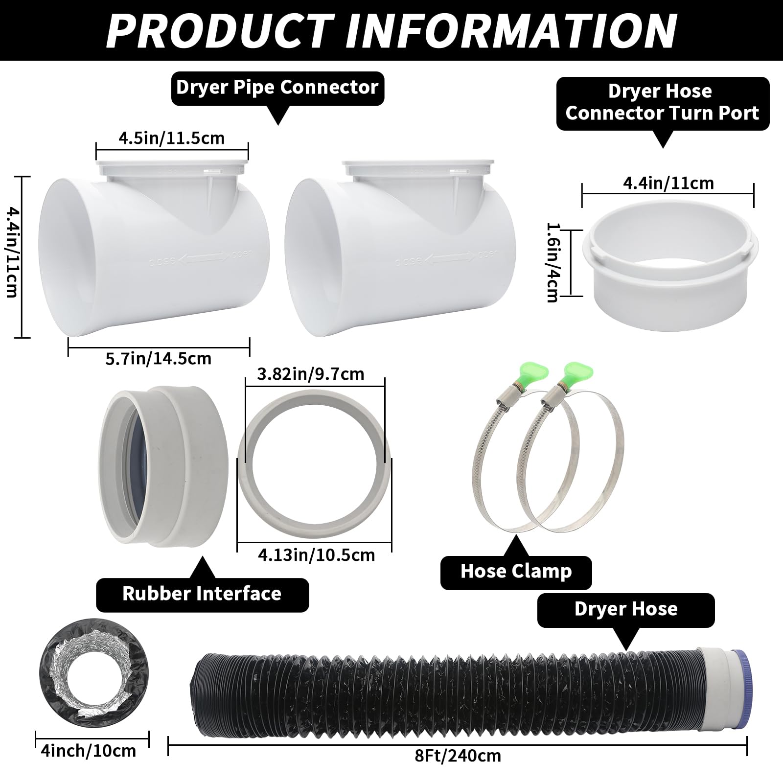 Kit de tuyau d'aération pour sèche-linge de 10,2 cm et 2,4 m pour espaces restreints, coude à 90°, 2 pinces à clés, conduit en PVC résistant à la lumière 6 plis et joints en caoutchouc
