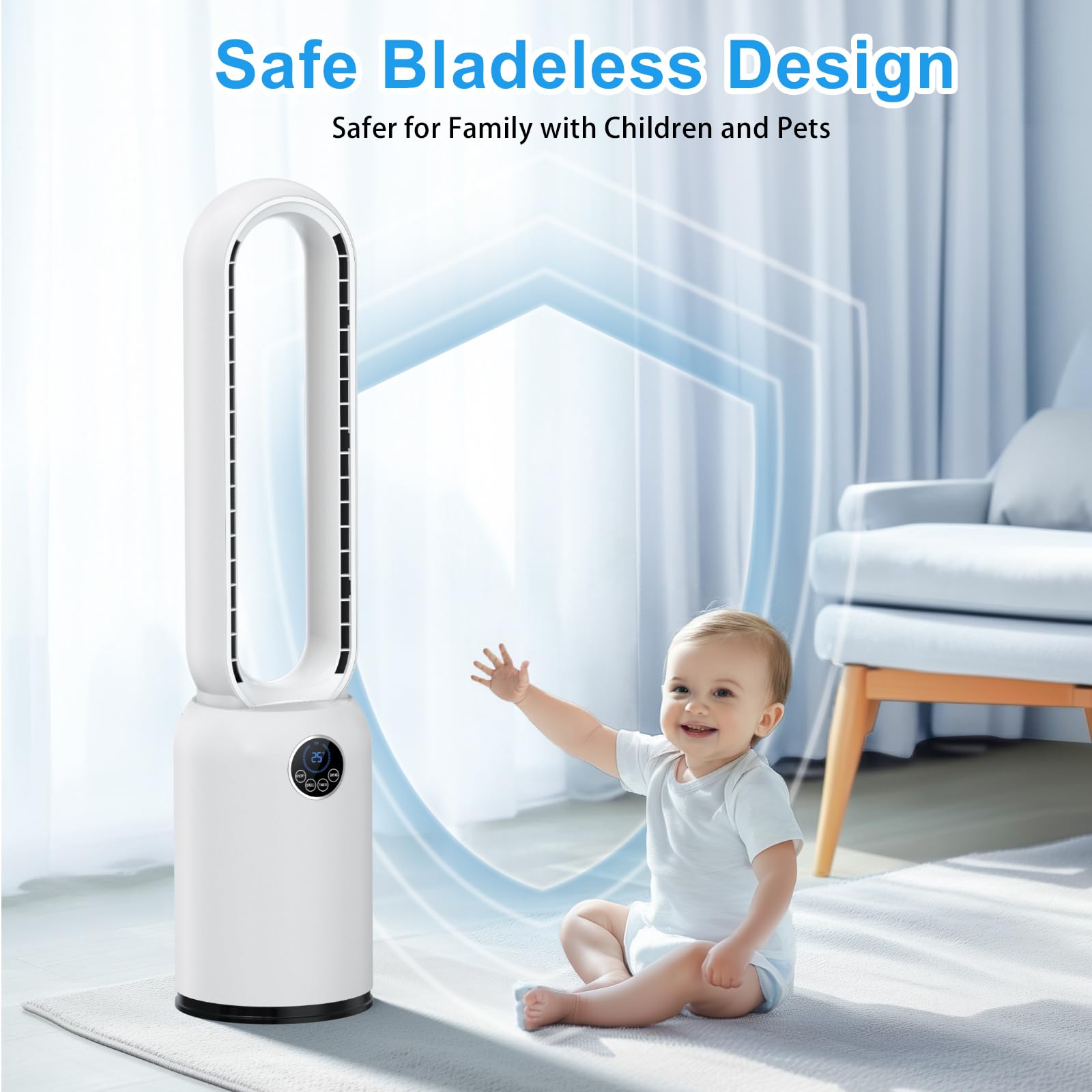 YAZEKY Ventilatore Senza Pale,Ventilatori a Torre Silenzioso 24 Velocità, Timer 12 Ore, Oscillazione 90°, Display LED e Telecomando, Portatile per Camera da Letto, Casa e Ufficio (white)