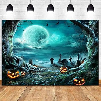 Halloween Party Backdrop Horror Night Full Moon Cemetery Pumpkin Lantern Photography Backdrop Kids Adult Family Party Banner Photo Background Decoration Studio Photoshoot 5x3ft Vinyl