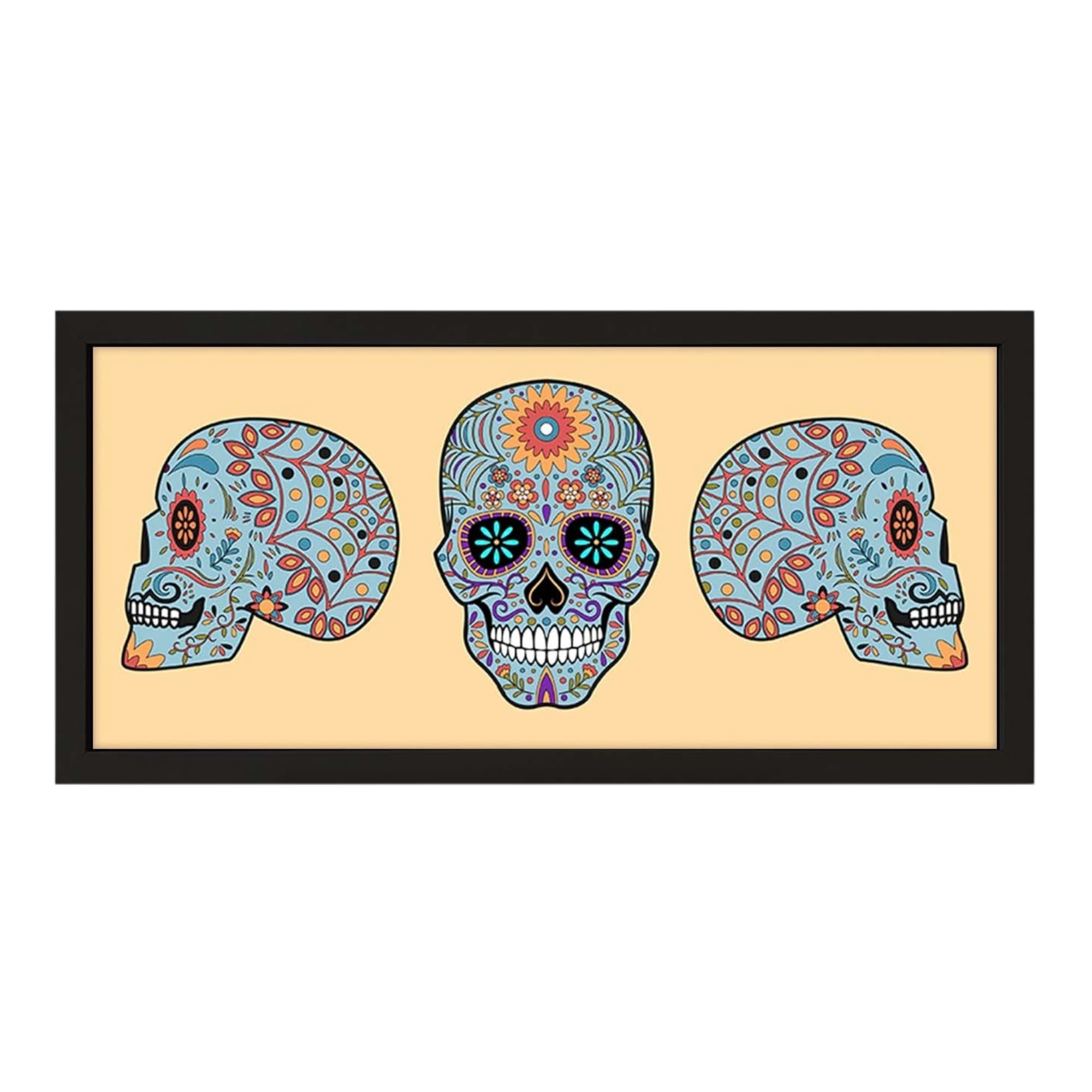 Echo Three Wall Art Black Framed Print Home Skull Set | Room Sign | Sugar Skull Connoisseur | Large Wide Colourful Mexican Design | Calavera Fan Gift