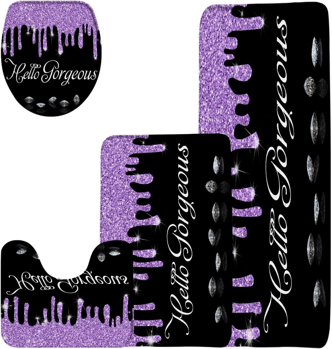4 Pieces Bathroom Rug Sets,Hello Gorgeous Bling Diamond Fantast Black Purple 16"x24"and 20"x31"Bath Mats,Toilet Cover,U-Shaped Toilet Mat