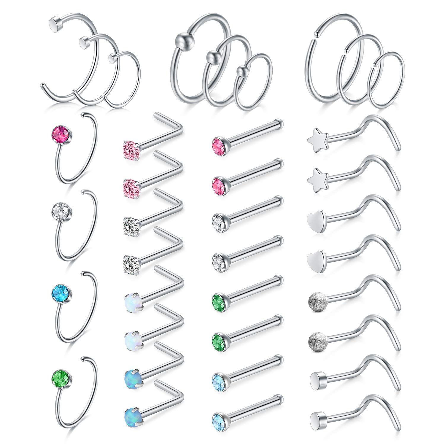 Rajnard Piercing Nariz Acero Quirúrgico 24-30pcs Cristal de Colores L Forma Anillo Nariz Espiral 20G Mujeres y Niñas