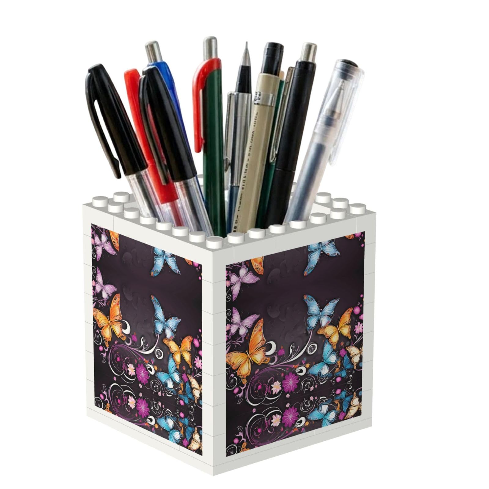 ESNAIUVCD Butterflies Print Building Block Pen Holder - Pencil Holder For Desk/Classroom,Desk Accessories, Multifunctional Office Supplies Pen Organizer Pencil Cups(2pcs)