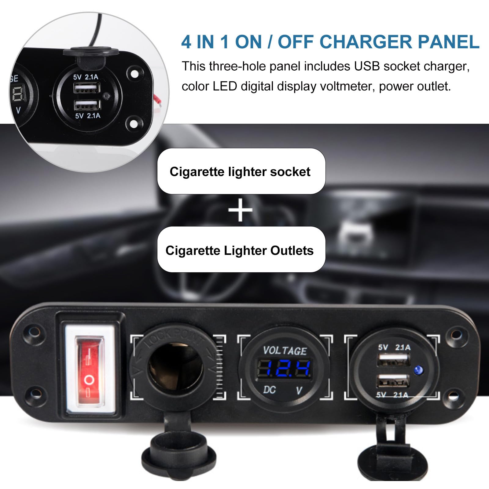 Caricabatteria da Auto USB Doppia Presa 4200ma Voltmetro | Pannello a Tre Fori, Ingresso 12-30v e Uscita 5v, Corpo in Pp Blu, Installazione per Auto
