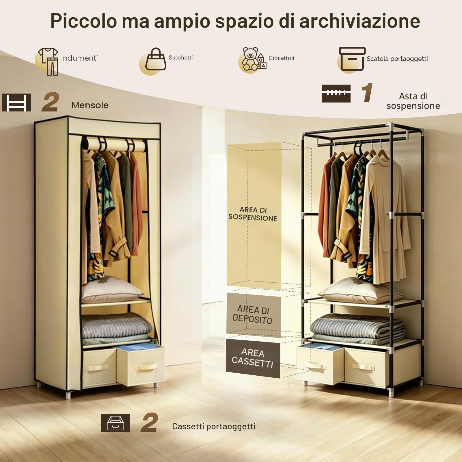 Hododou, Armadio in tela singolo, con 2 cassetti e asta appendiabiti, pieghevole e portatile, per conservare abiti, borse, giocattoli, scarpe, per soggiorno e camera da letto, 160 x 59 x 43 cm (beige)