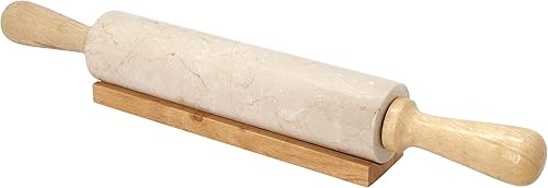 Creative Home Rodillo de mármol champán natural de lujo con asas de madera y cuna para hornear pan, galletas, pastel de pizza, 2.3 pulgadas de