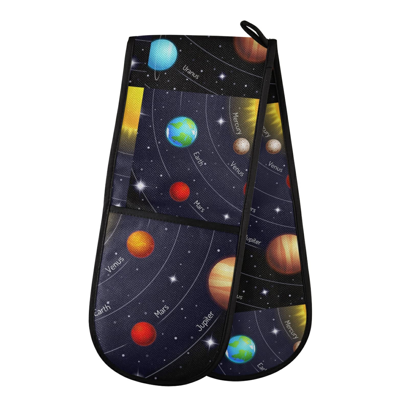 Solar System with The Sun Earth Mars Mercury Jupiter Saturn Uranus Double Oven Mitt Gloves Extra Long Potholder High Heat Resistant for Baking Cooking Baking Grilling Handling Hots Pans 35"x7"