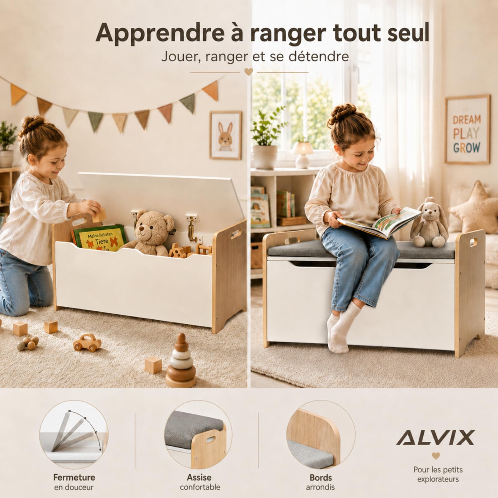 ALVIX Coffre à jouets pour enfant avec espace de rangement