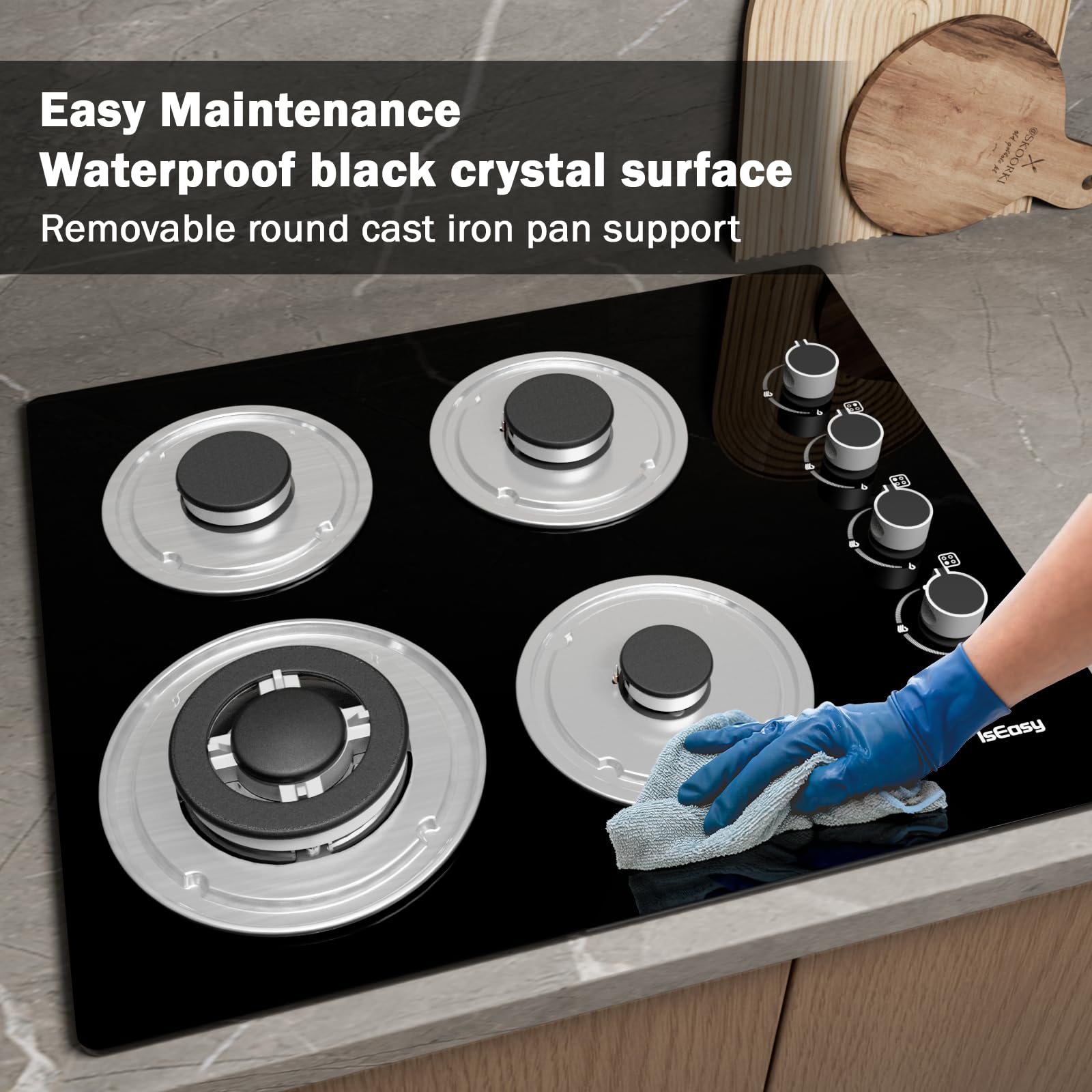 Gas Hob 4 Burners - Glass Hob Black Plug in NG/LPG Gas Hob, 7800W 4 Cooking Areas Built in Glass Cooktop Hob,Thermocouple Protection, Integrated Ignition — view 9
