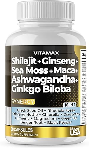 Suplemento puro de Shilajit del Himalaya 10,000 mg Ashwagandha 6,000 mg de musgo marino, 2,000 mg de Rhodiola Rosea 1000 mg Gingko Biloba 500 mg