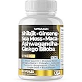Pure Himalayan Shilajit Supplement, Ashwagandha, Sea Moss, Rhodiola Rosea, Gingko Biloba - Fulvic Acid & Trace Mineral Capsules for Men and Women – Made in USA