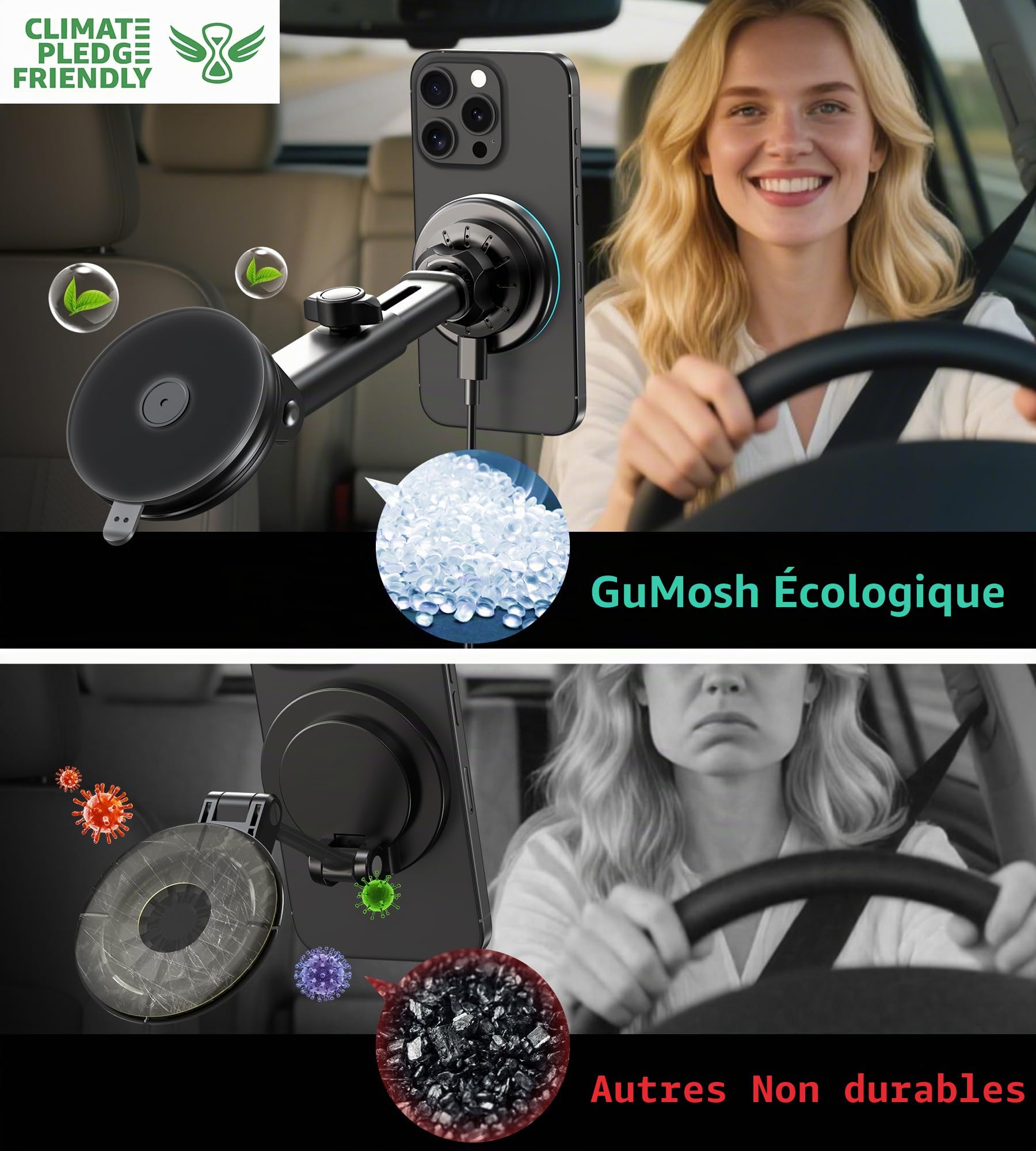 Porte Telephone Voiture avec 【LED Light】 Support Telephone Voiture Magnetique Chargeur Induction Voiture pour Tableau de Bord et Pare-Brise Sortie d'air pour i-Phone 17 16 15 14 13 12 Series