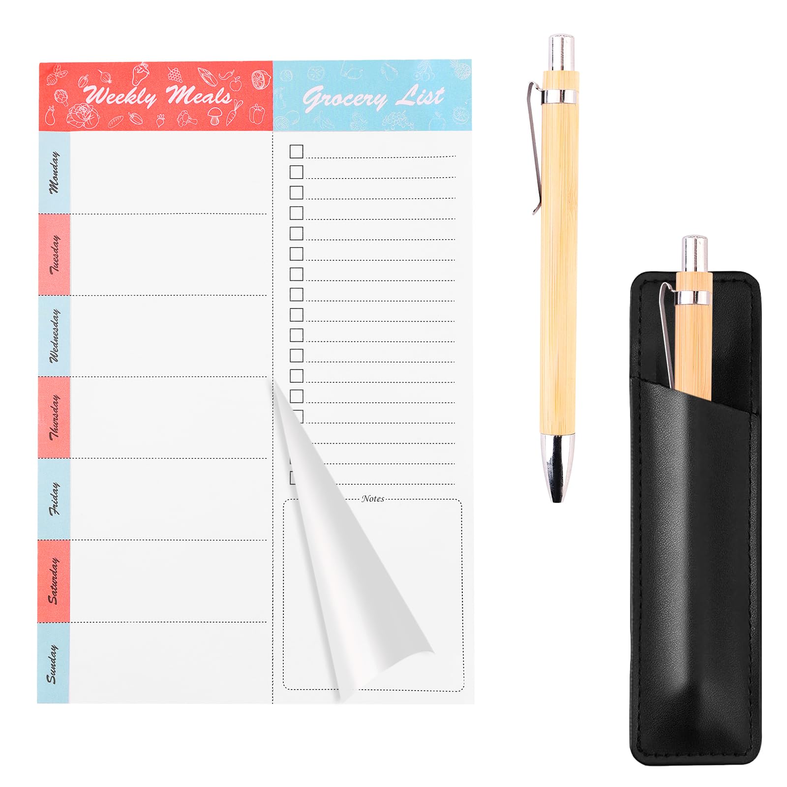 52 Sheets Magnetic Weekly Meal Planner Notepad, Grocery List Planning Pad, Tear-off Shopping List Pad with Magnetic Pen Holder Ballpoint Pen, Undated Food Planning Organiser for Fridge