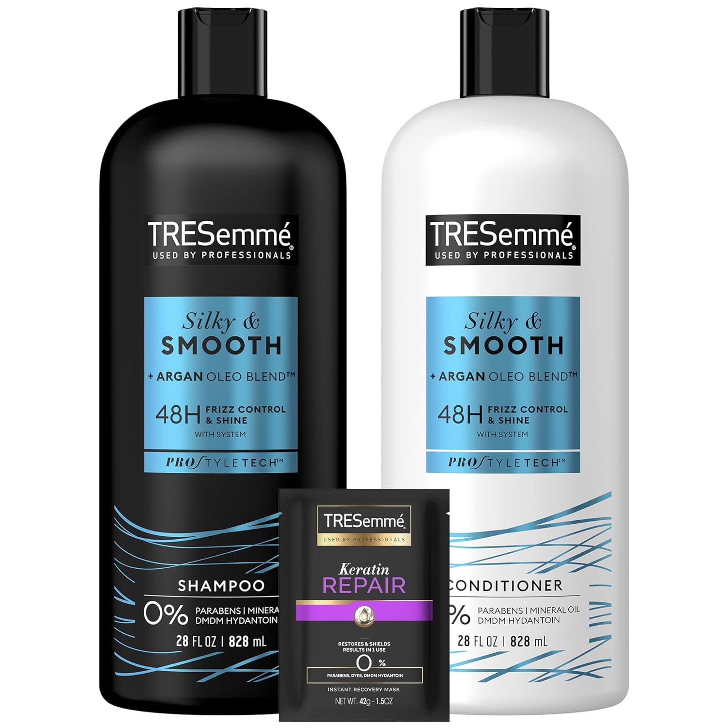 TRESemmé Shampoo and Conditioner Set, Silky & Smooth + Keratin Repair Hair Mask – Anti-Frizz Hair Products with Argan Oleo Blend (3 Piece Set) TRESemmé Shampoo and Conditioner Set, Silky & Smooth + Keratin Repair Hair Mask – Anti-Frizz Hair Products with Argan Oleo Blend (3 Piece Set)