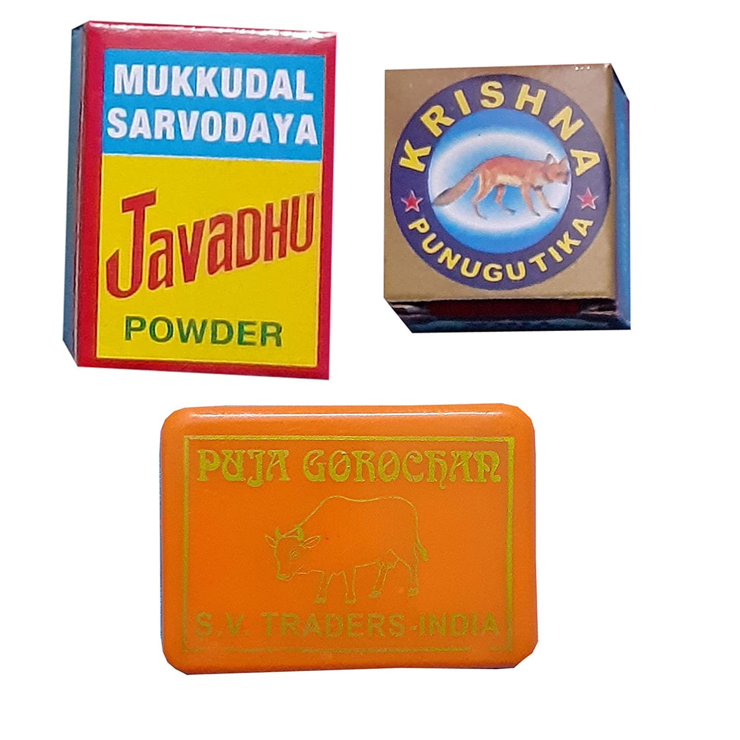 Varahi Creations Pack of 3 Items - Javadhu Perfume Powder, punugu Paste, Gorojanam Powder(Small Pack), Multicolor